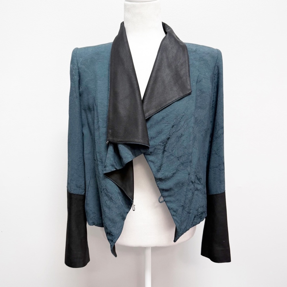 Helmut Lang Perma Comb Dusty Sapphire Jacquard Jacket / Goat Leather Trim Sz 2